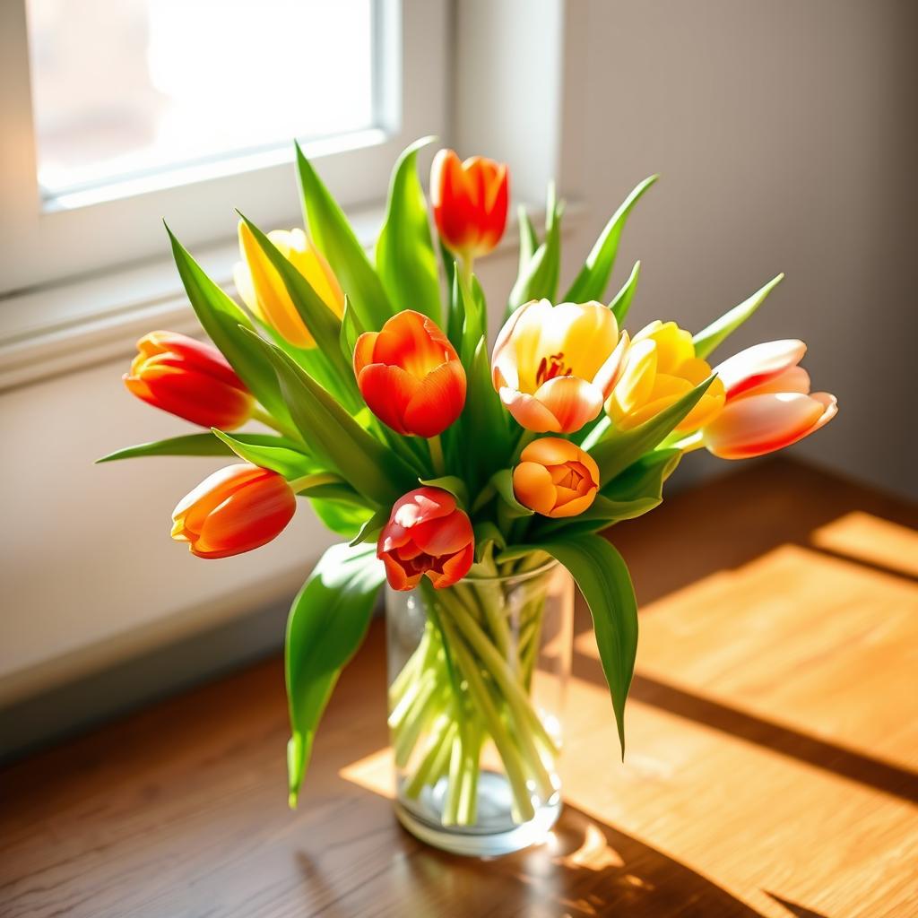 A beautiful arrangement of vibrant tulips in a glass vase, artistically placed on a wooden table