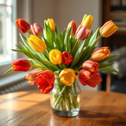 A beautiful arrangement of vibrant tulips in a glass vase, artistically placed on a wooden table