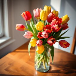 A beautiful arrangement of vibrant tulips in a glass vase, artistically placed on a wooden table