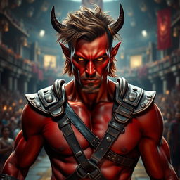 A male tiefling gladiator featuring striking red skin and tousled brown hair, showcasing a slender muscular form