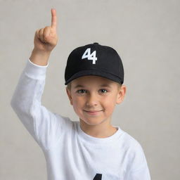 A young boy wearing a black cap with the number '4157' printed on it in white, striking a playful pose.