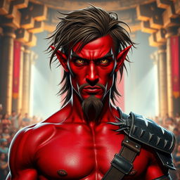 A male tiefling gladiator featuring striking red skin and tousled brown hair, showcasing a slender muscular form