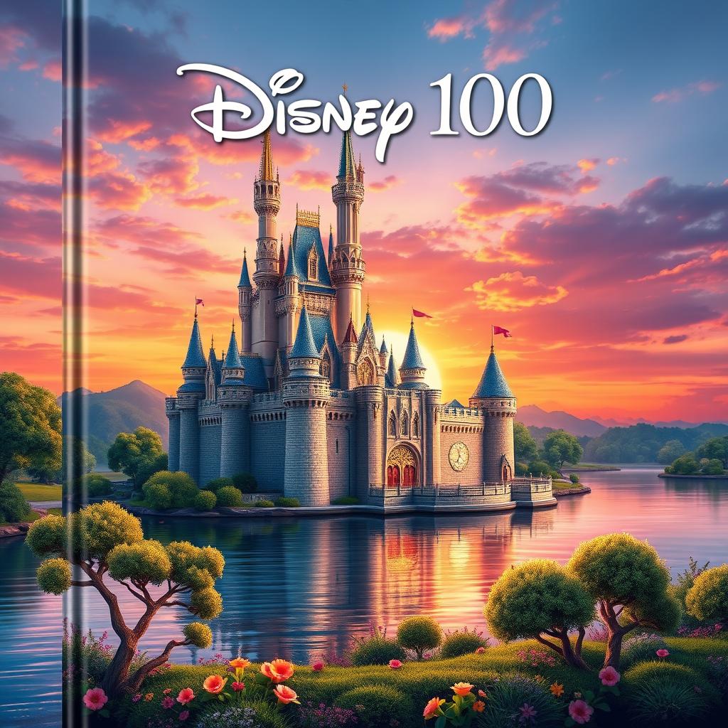 A magical and charming book cover design for 'Disney 100', showcasing a grand Disney-inspired castle majestically perched on the edge of a serene river