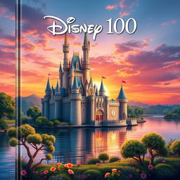 A magical and charming book cover design for 'Disney 100', showcasing a grand Disney-inspired castle majestically perched on the edge of a serene river