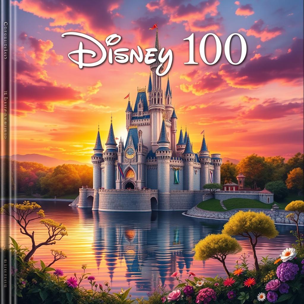 A magical and charming book cover design for 'Disney 100', showcasing a grand Disney-inspired castle majestically perched on the edge of a serene river