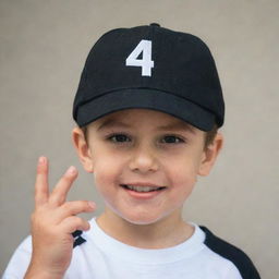 A young boy wearing a black cap with the number '4157' printed on it in white, striking a playful pose.