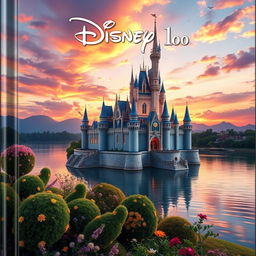 A magical and charming book cover design for 'Disney 100', showcasing a grand Disney-inspired castle majestically perched on the edge of a serene river