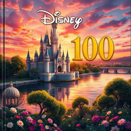 A magical and charming book cover design for 'Disney 100', showcasing a grand Disney-inspired castle majestically perched on the edge of a serene river