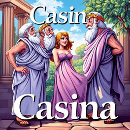 A vibrant and colorful theatrical poster depicting two old Greek men, adorned in traditional ancient Greek attire, with togas and sandals, looking lovingly at a beautiful young woman