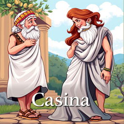 A vibrant and colorful theatrical poster depicting two old Greek men, adorned in traditional ancient Greek attire, with togas and sandals, looking lovingly at a beautiful young woman