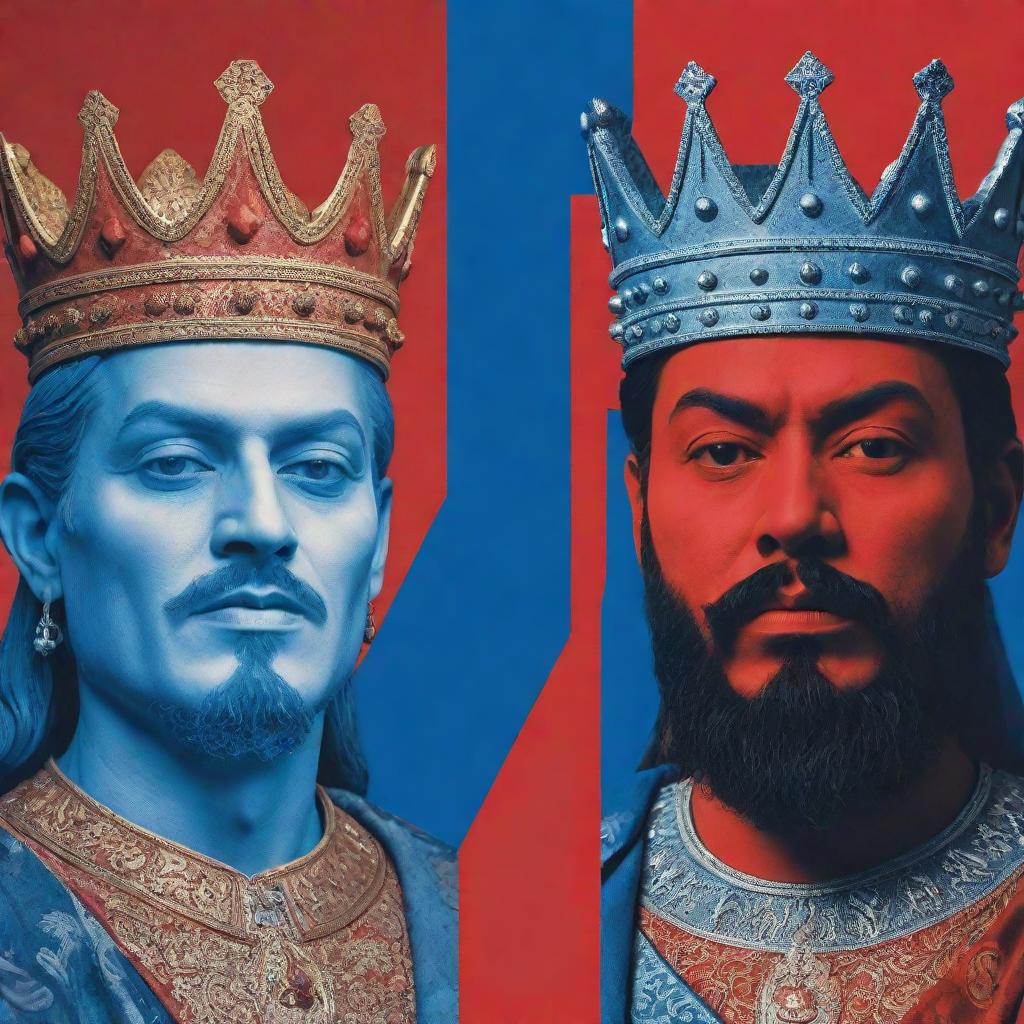 A divided image with one half in blue and the other in red. On the blue side, depict a benevolent king icon, whilst on the red half, an evil king icon.