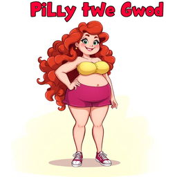 A full-body animated character of a plus-sized redhead girl with curly hair, showcasing her voluptuous figure