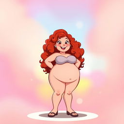 A full-body animated character of a plus-sized redhead girl with curly hair, showcasing her voluptuous figure