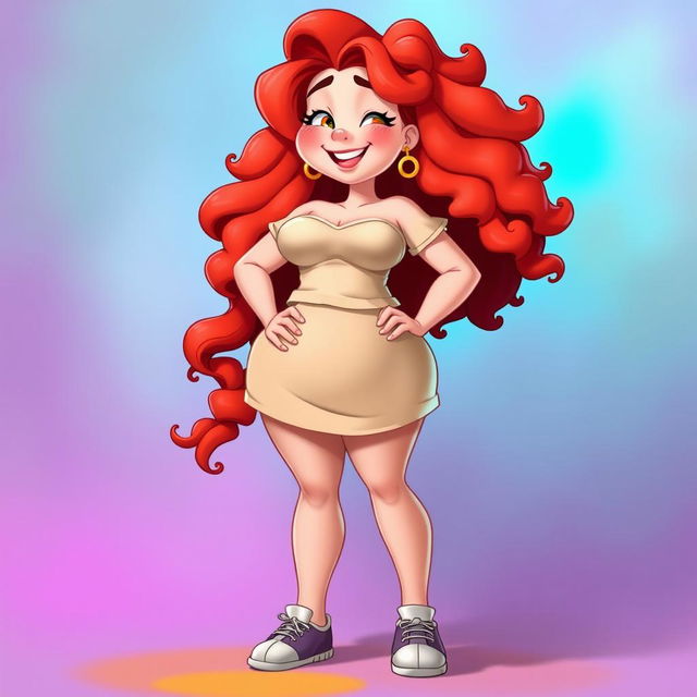 A full-body animated character of a plus-sized redhead girl with curly hair, showcasing her voluptuous figure