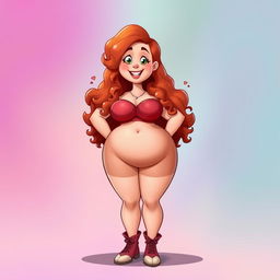 A full-body animated character of a plus-sized redhead girl with curly hair, showcasing her voluptuous figure