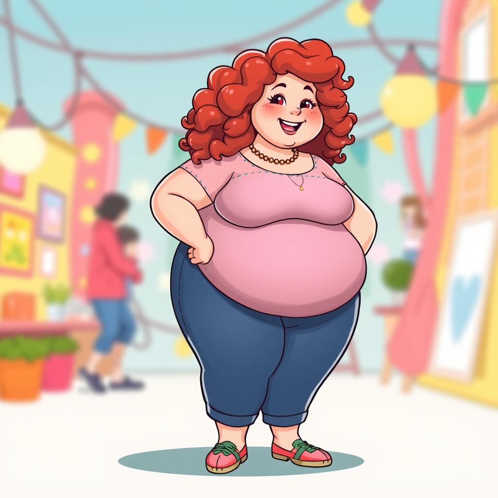 A full-body animated character of a confident plus-sized redhead girl with curly hair, celebrating body positivity