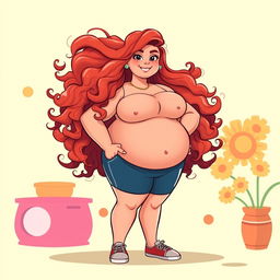 A full-body animated character of a confident plus-sized redhead girl with curly hair, celebrating body positivity