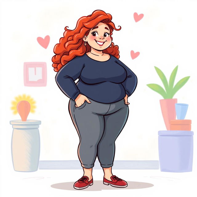 A full-body animated character of a confident plus-sized redhead girl with curly hair, celebrating body positivity