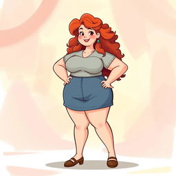 A full-body animated character of a confident plus-sized redhead girl with curly hair, celebrating body positivity