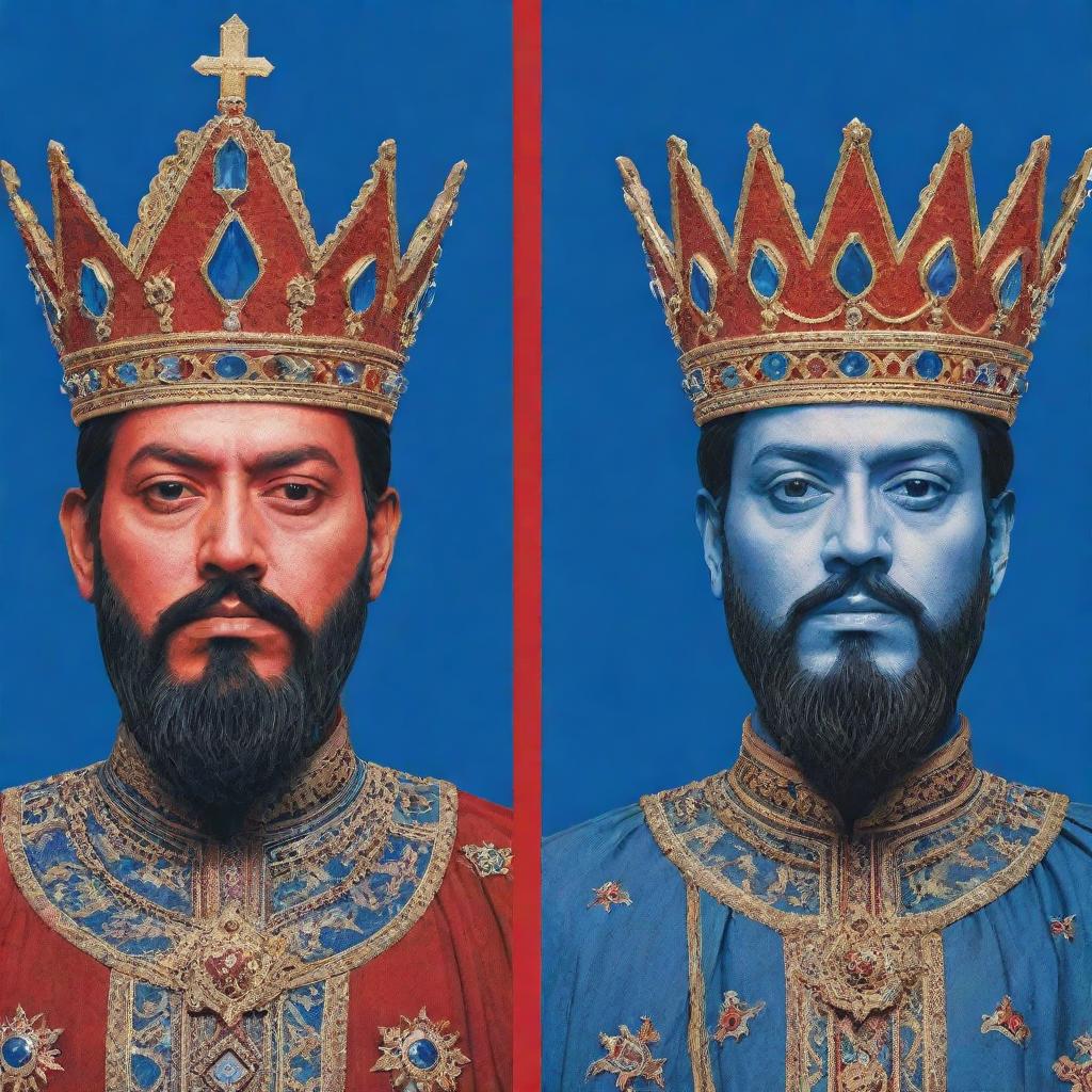 A divided image with one half in blue and the other in red. On the blue side, depict a benevolent king icon, whilst on the red half, an evil king icon.