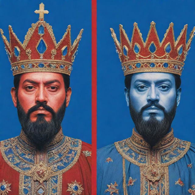 A divided image with one half in blue and the other in red. On the blue side, depict a benevolent king icon, whilst on the red half, an evil king icon.