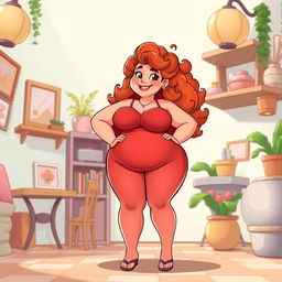 A full-body animated character of a confident plus-sized redhead girl with curly hair, depicted in a tasteful and artistic manner