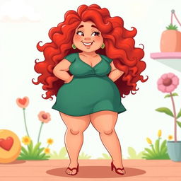 A full-body animated character of a confident plus-sized redhead girl with curly hair, depicted in a tasteful and artistic manner