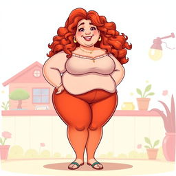 A full-body animated character of a confident plus-sized redhead girl with curly hair, depicted in a tasteful and artistic manner