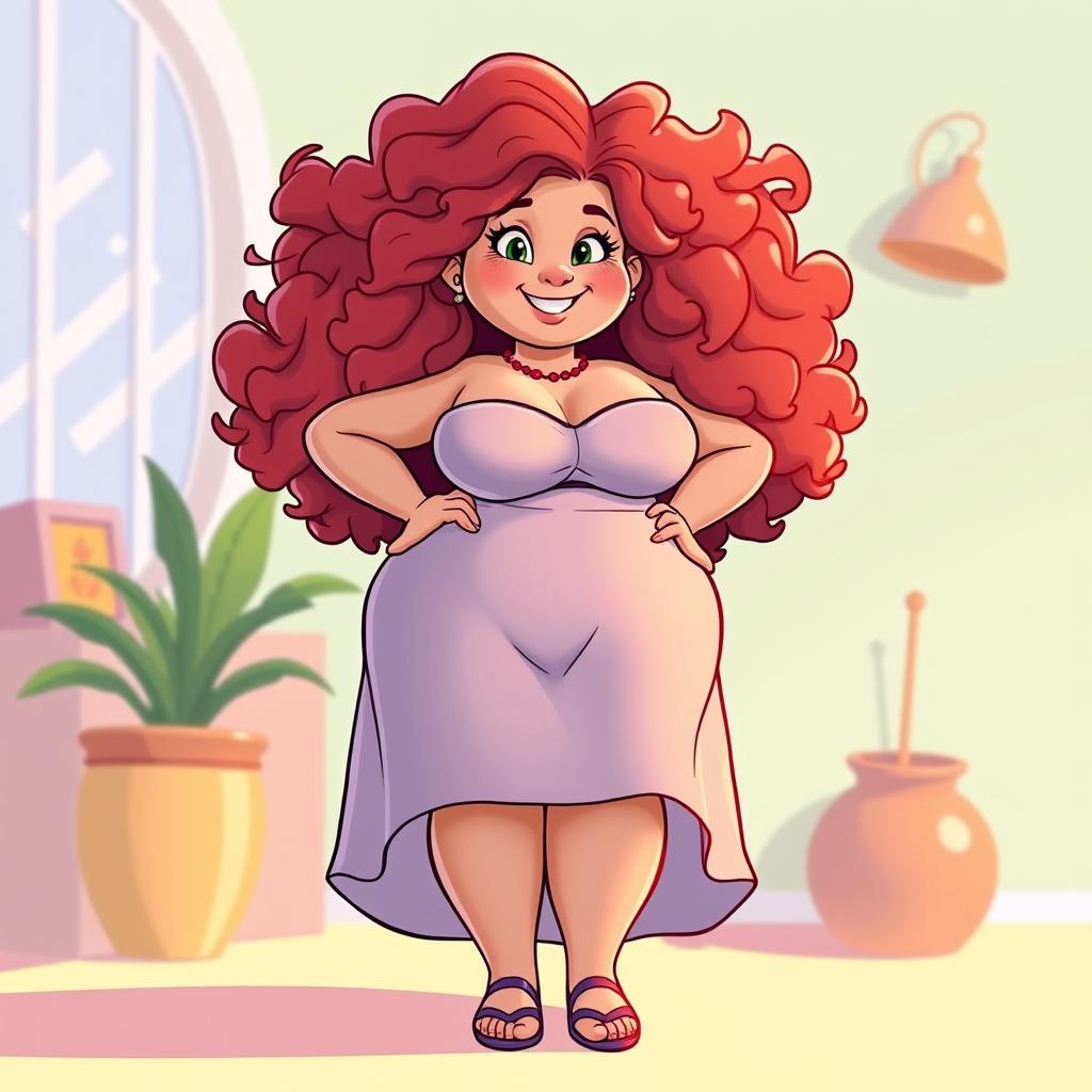 A full-body animated character of a confident plus-sized redhead girl with curly hair, depicted in a tasteful and artistic manner