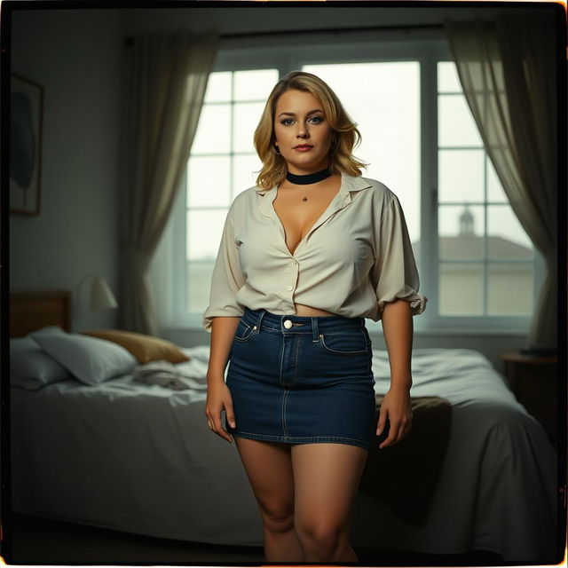 A 40-year-old chubby and curvy blonde woman standing confidently in front of a bed in a cozy house