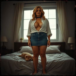 A 40-year-old chubby and curvy blonde woman standing confidently in front of a bed in a cozy house