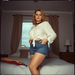 A 40-year-old chubby and curvy blonde woman standing confidently in front of a bed in a cozy house