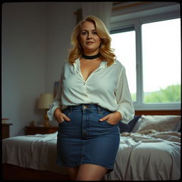 A 40-year-old chubby and curvy blonde woman standing confidently in front of a bed in a cozy house