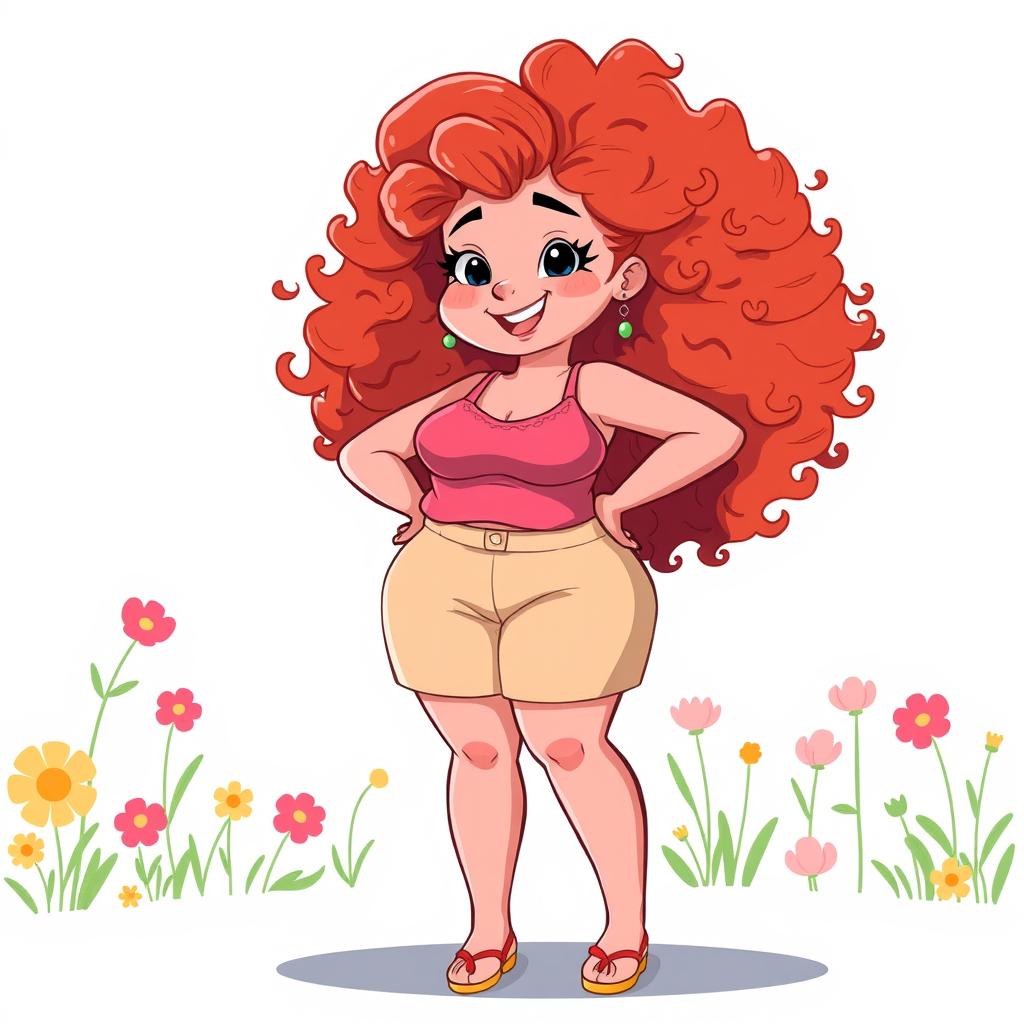 A full-body animated character of a confident plus-sized redhead girl with curly hair, depicted in an artistic and respectful manner