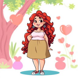 A full-body animated character of a confident plus-sized redhead girl with curly hair, depicted in an artistic and respectful manner