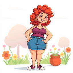 A full-body animated character of a confident plus-sized redhead girl with curly hair, depicted in an artistic and respectful manner