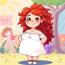 A full-body animated character of a confident plus-sized redhead girl with curly hair, depicted in an artistic and respectful manner