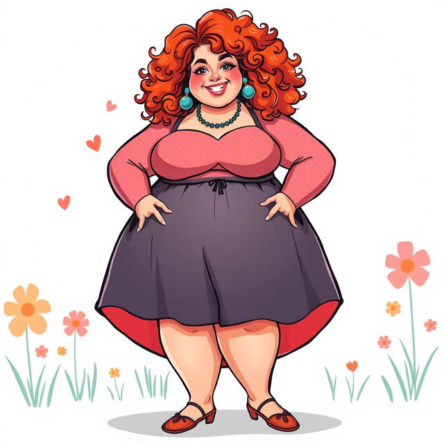 A full-body illustration of a confident plus-sized redhead woman with curly hair, depicted in an artistic and tasteful manner