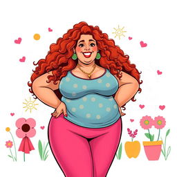 A full-body illustration of a confident plus-sized redhead woman with curly hair, depicted in an artistic and tasteful manner