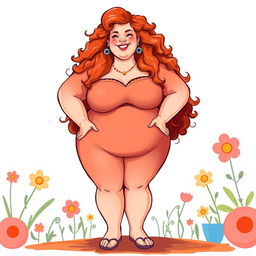 A full-body illustration of a confident plus-sized redhead woman with curly hair, depicted in an artistic and tasteful manner