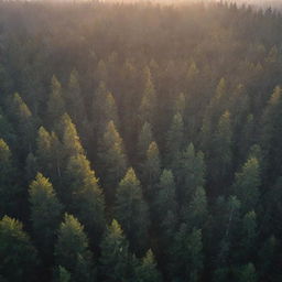 Aerial perspective of a foggy, dark forest with pine trees, illuminated by sunlight beams during an autumn sunrise. The sun rays pierce through as crepuscular rays, enhancing the breathtaking scene of a wild, misty woodland at dawn.