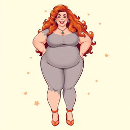 A full-body illustration of a confident plus-sized redhead woman with curly hair, depicted in an artistic and tasteful manner