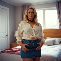 A 40-year-old chubby and curvy blonde woman standing gracefully in front of a bed in a warm, inviting house