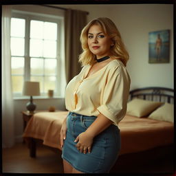 A 40-year-old chubby and curvy blonde woman standing gracefully in front of a bed in a warm, inviting house