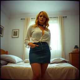 A 40-year-old chubby and curvy blonde woman standing gracefully in front of a bed in a warm, inviting house