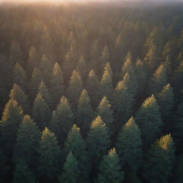 Aerial perspective of a foggy, dark forest with pine trees, illuminated by sunlight beams during an autumn sunrise. The sun rays pierce through as crepuscular rays, enhancing the breathtaking scene of a wild, misty woodland at dawn.