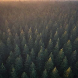 Aerial perspective of a foggy, dark forest with pine trees, illuminated by sunlight beams during an autumn sunrise. The sun rays pierce through as crepuscular rays, enhancing the breathtaking scene of a wild, misty woodland at dawn.