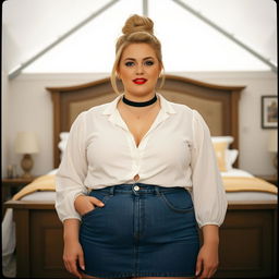 A 40-year-old chubby and curvy blonde woman with bright red lipstick and her hair elegantly styled in a bun