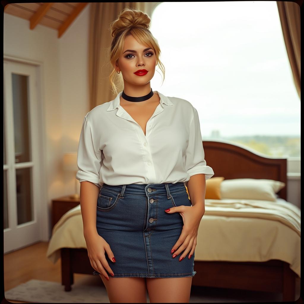 A 40-year-old chubby and curvy blonde woman with bright red lipstick and her hair elegantly styled in a bun