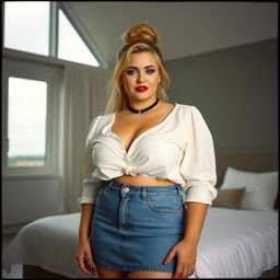 A 40-year-old chubby and curvy blonde woman with bright red lipstick, her hair elegantly styled in a bun